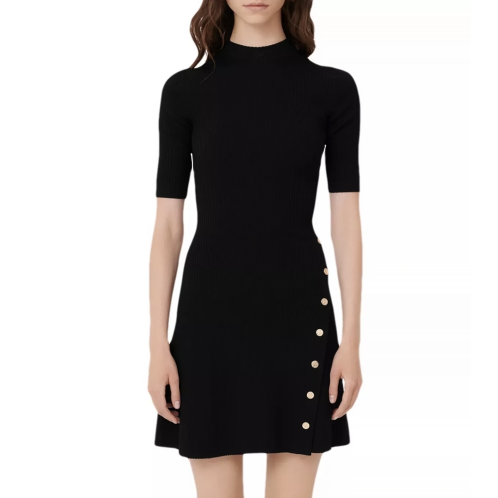 Maje Black Knit Midi Dress with Gold Buttons